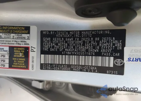 2012 Toyota Camry Xle V6 z USA, uszkodzony, nr VIN 4T1BK1FKXCU511676